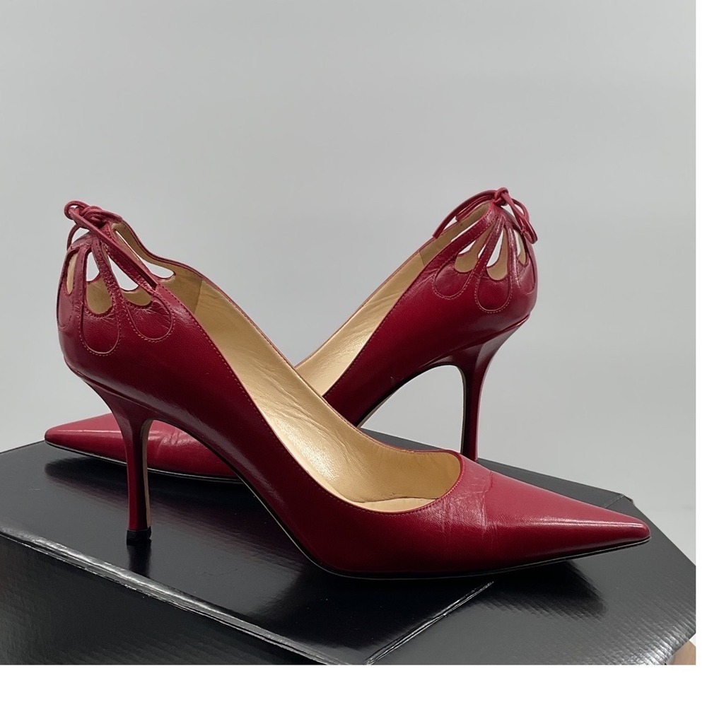Jimmy Choo Red Leather Pointed Toe Cutout Tie Back Stiletto Pumps Heels